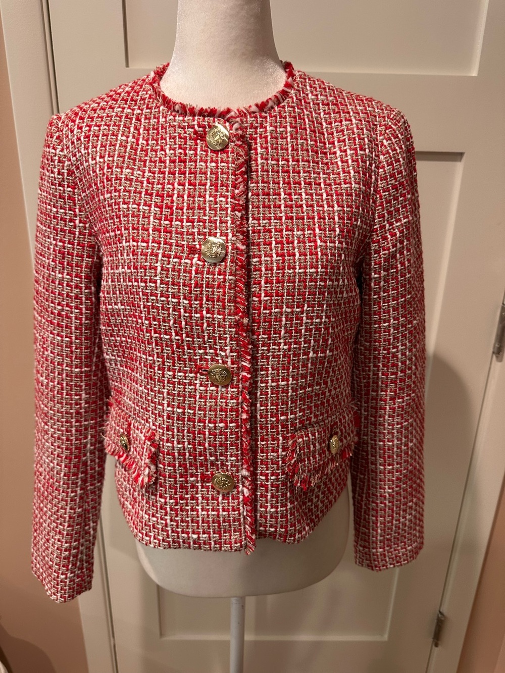 NWOT size S petite red and white tweed lady jacket with fringe and gold buttons